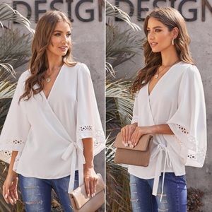 NEW White Crochet Sleeve Side Tie Overlap Blouse